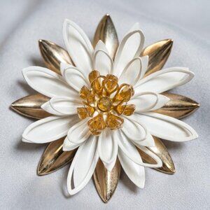 Flower Brooch Vintage White Gold Tone Layered Petal Floral Pin 2.75 inch
